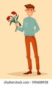 Cute young man in blue shirt and brown pants. He is smiling. Red flowers in his hand. Vector cartoon illustration. Character.