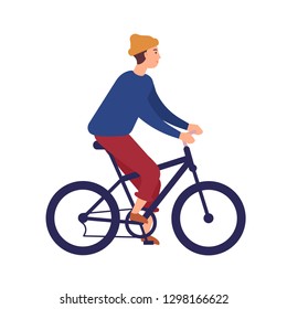 Cute young man or boy wearing casual clothes and beanie hat riding BMX bike. Smiling male character on bicycle isolated on white background. Healthy outdoor activity. Flat cartoon vector illustration.