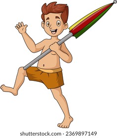 Cute young man cartoon holding summer umbrella