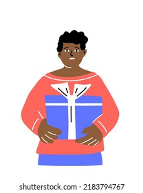 Cute young man celebrating and holding gift box. Happy Birthday or Christmas celebration. Hand drawn character for greeting cards, party invitation, congratulations. 