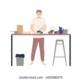 Cute young man cooking meals in kitchen. Smiling boy making lunch or dinner at home. Happy guy mixing food ingredients in bowl. Daily life or everyday routine. Flat cartoon vector illustration.