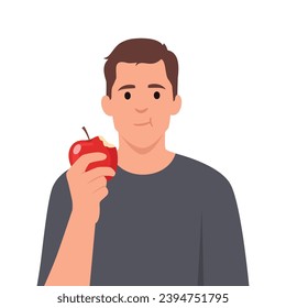 Cute young man eating apple. Flat vector illustration isolated on white background