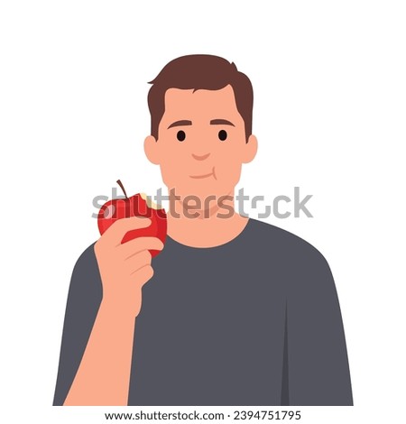 Cute young man eating apple. Flat vector illustration isolated on white background