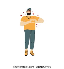 A cute young man expressing love and making a heart with his fingers. Vector flat illustration with a person on a white background