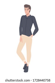 Cute young man in fashion casual clothes cartoon character design flat vector illustration isolated on white background