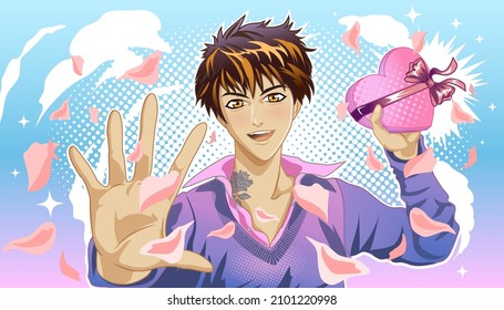 Cute Young Man Gives A Gift In The Shape Of A Heart With Flower Petals. Illustration In The Style Of Manga And Anime. Vector Image.