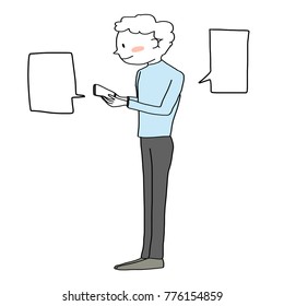 Cute young man holding smartphone, typing text and sending his message to someone. Blank word balloons included. Man holding phone and texting. Vector illustration with hand-drawn style.