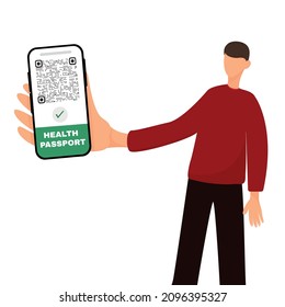 Cute young man holds a smartphone in his hand and shows an electronic passport of the Covid-19 vaccine with a QR code confirming immunity. Vector illustration on a white background