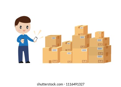cute young man looking at phone alert with cardboard box set work at home online store shipping concept with copy space
