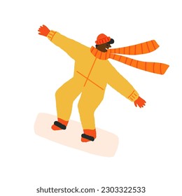 The cute young man on the snowboard in the yellow ski jumpsuit and the knitted red beanie snowboarding during winter vacation. Enjoying outdoor winter pastime, active sports.