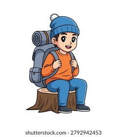 A cute young man sits on a tree stump, wearing a blue beanie hat, an orange long sleeve shirt, and blue pants. He carries a large gray backpack with rolled up straps. Flat vector mascot design.