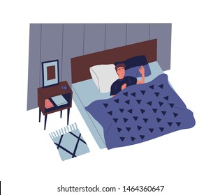 Cute young man sleeping in bedroom at night. Male character lying in comfortable bed and falling asleep. Rest and relaxation in everyday life. Colorful vector illustration in flat cartoon style.