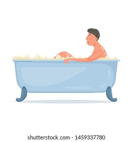 Cute young man take hot bath in modern bathtub