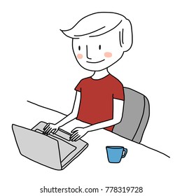 Cute young man using laptop with a mug of hot coffee on his desk. Vector illustration with hand-drawn style. 