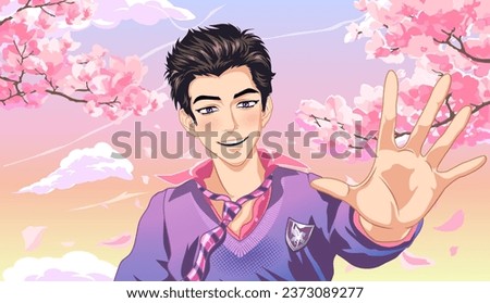 Cute young man waving his hand. Romantic illustration with blooming sakura branches with falling petals against the background of a pink sunset sky. Vector image in manga and anime style.