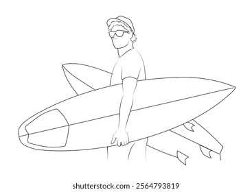 Cute young man wearing hat and sunglasses carrying two surfboards. Hand drawn realistic inked strokes style vector illustration. Sports.