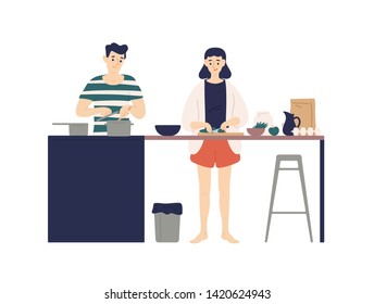 Cute young man and woman cooking meals in kitchen. Smiling boy and girl making lunch or dinner together at home. Daily life of happy romantic couple. Flat cartoon colorful vector illustration.