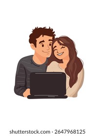 cute young man and woman with laptop vector illustration