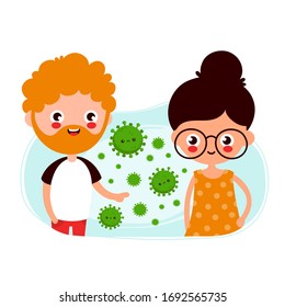 Cute Young Man And Woman Passing Coronavirus By Airborne Transmission. Vector Flat Cartoon Charater Illustration. Isolated On White Background