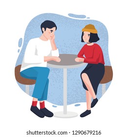Cute young man and woman sitting at cafe table and looking at each other. Adorable modern couple on date at restaurant. Cartoon characters isolated on stain on background. Flat vector illustration.