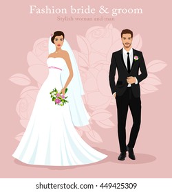 Cute young married couple: fashion beautiful bride with bouquet and handsome groom in stylish suit. Modern detailed graphic wedding set. Flat style vector illustration. 