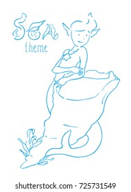 Cute young mermaid boy with a seashell. Cartoon vector fantasy illustration of a merman for children. Character design doodle on white, for coloring.