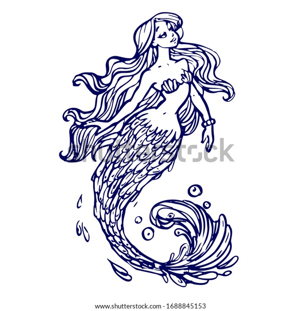 髪の長いかわいい人魚のひいさま 白い背景にインクスケッチ 手描きのストックベクターイラスト タトゥー 塗りつぶしのブックページ用のデザイン のベクター画像素材 ロイヤリティフリー