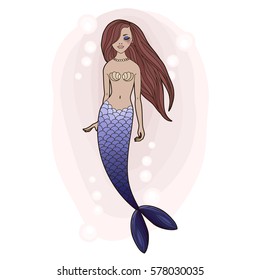 Cute young mermaid. Siren with beautiful hair. Sea theme. Vector illustration on a white background.