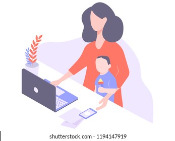 Cute young mom freelancer works at home at the computer. Thinks of work and home affairs. On the knee is a child with a bottle of milk. Independent woman. Illustration isolated on white background.