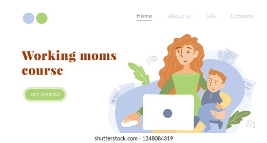 Cute young mom freelancer works at home at the computer. On the knee is a child. Illustration isolated on white background. Concept of working mother at home with baby. Landing page template.