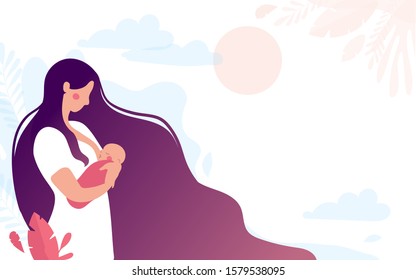 A cute young mother breastfeeds a newborn baby on a natural background. The woman presses the baby to the chest, the baby eats breast milk. Place for text. Flat illustration isolated on white