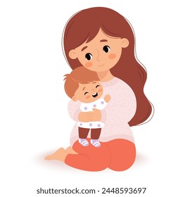 Cute young mother girl tenderly hugs her little child. Vector illustration flat cartoon style. Happy character.