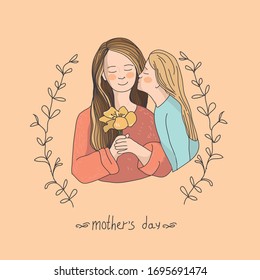 Una jovencita linda está sosteniendo una flor. La hija besa a mamá. Ilustración vectorial. Día de la madre.