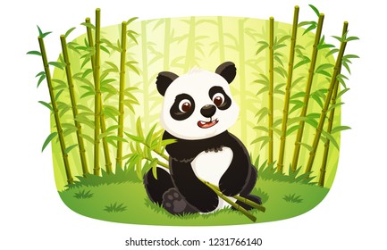 Cute young panda cartoon character holding bamboo stems. Green forest of bamboo background. Vector illustration isolated on white background.