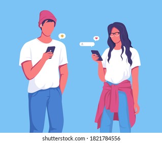 Cute young people chatting online. Cartoon vector illustration