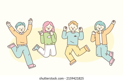 Cute young people jumping and smiling. flat design style vector illustration.