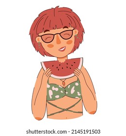 Cute young pink head girl eating watermelon