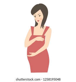 Cute young pregnant woman with black hair in a red dress on a white background. It can be used for advertising and registration of medical institutions. Vector illustration
