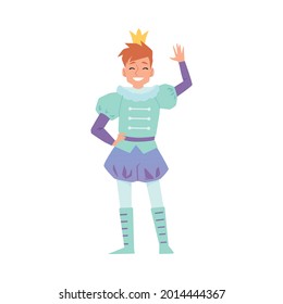 Cute young prince or king man cartoon character in fabulous suit, flat vector illustration isolated on white background. Carnival or costume party male personage.
