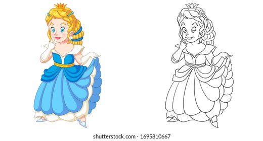 Cute Young Princess. Coloring Page And Colorful Clipart Character. Cartoon Design For T Shirt Print, Icon, Logo, Label, Patch Or Sticker. Vector Illustration.