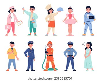 Cute young professionals. Children in different professions uniforms, doctor, astronaut, pilot and cook, nurse and ballerina, singer and police, fireman and scientist, boys and girls, vector set