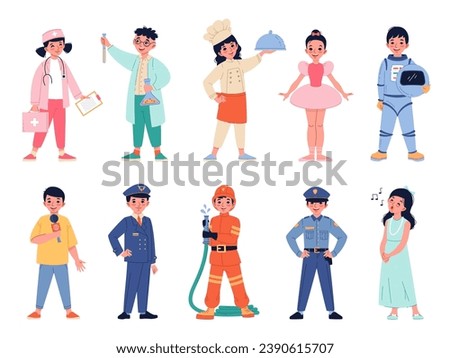 Cute young professionals. Children in different professions uniforms, doctor, astronaut, pilot and cook, nurse and ballerina, singer and police, fireman and scientist, boys and girls, vector set