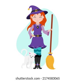 Cute young red-haired witch with broom and small white cat. Design element for seasonal Halloween design, greeting card, party invitation. Isolated on white. Vector flat illustration