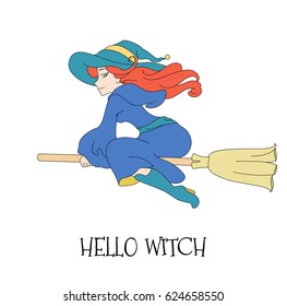 Cute young redheaded witch in blue dress flying on a broom isolated on a white background. Vector illustration, original character.