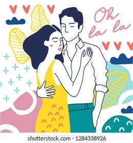Cute young romantic couple in love. Hand drawn colorful vector illustration.