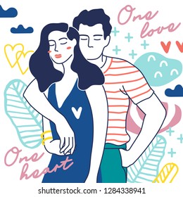 Cute young romantic couple in love. Hand drawn colorful vector illustration.