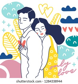 Cute young romantic couple in love. Hand drawn colorful vector illustration.