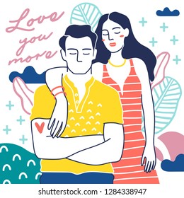 Cute young romantic couple in love. Hand drawn colorful vector illustration.