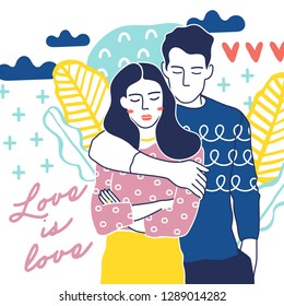 Cute young romantic couple in love. Love, love story, relationship. Vector design concept for Valentines Day and other users. Hand drawn illustration for 14 February greeting card.