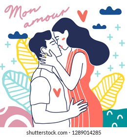 Cute young romantic couple in love. Love, love story, relationship. Vector design concept for Valentines Day and other users. Hand drawn illustration for 14 February greeting card.